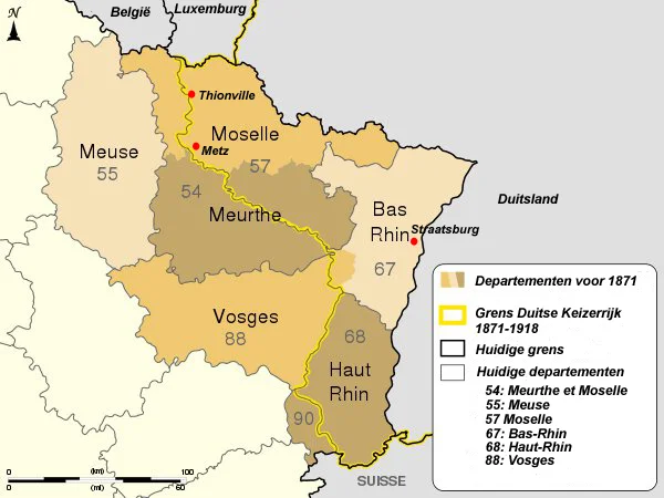 De landsgrenzen tussen Frankrijk en Duitsland van 1872-1919 (Bron: internet).